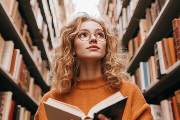 A librarian recommending general books for beginners, standing near a shelf with a curated selection of titles
