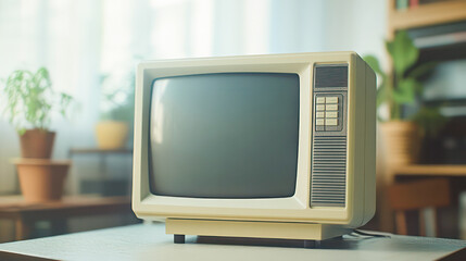 retro tv mockup vintage television set with blank screen nostalgic design subtle room reflection soft ambient lighting