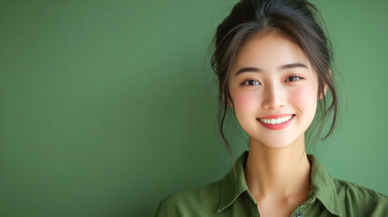 A woman with a green shirt and brown hair is smiling. She has a bright, happy expression on her face.