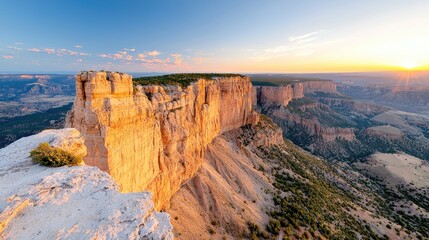 Sunset over canyon cliff, plateau vista, scenic landscape