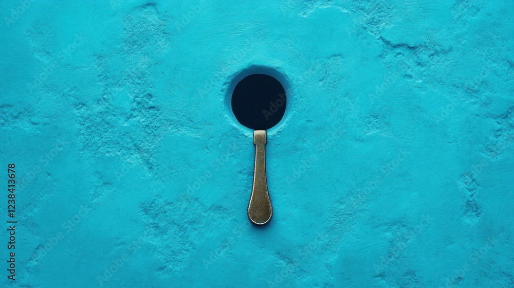 Aufkleber Close-Up of Round Black Hole with Metal Handle on Textured Turquoise Wall Background for Unique Interior Design Concepts