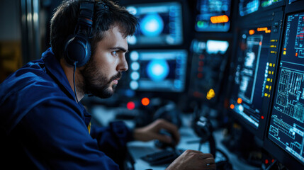 Technician monitoring data on control screens in high tech environment