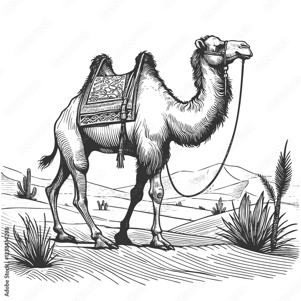 Poster camel in a desert setting with mountains, palm trees, and a distant settlement under a setting sun s