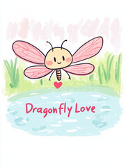 Adorable skeletal dragonfly floating over heart pond with "Dragonfly Love": Dark Love Reaper Valentine Illustration T-Shirt Design