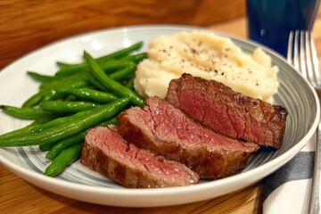 Fototapeta premium Grilled steak with mashed potatoes and green beans