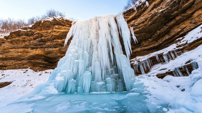 Frozen waterfall nature idea. Majestic frozen waterfall surrounded by icy terrain and rugged cliffs in winter. - Powered by Adobe