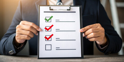 A Businessman’s Hands Showing Check Marks and Wrong Ticks, Indicating Evaluation and Assessment