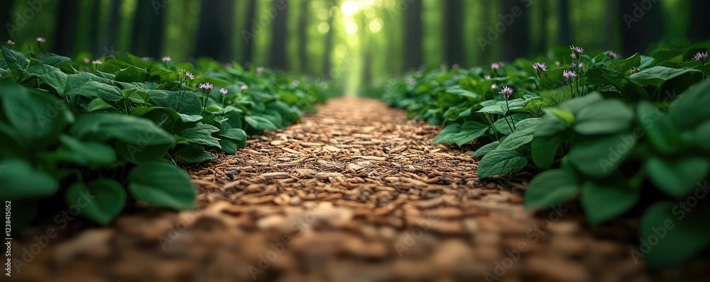 Poster golden hour forest nature concept. a serene forest path lined with green foliage and soft light filt