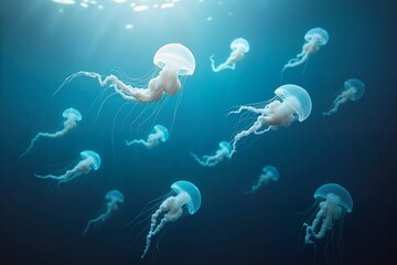 Naklejka premium Underwater scene featuring mesmerizing jellyfish gracefully pulsating through the deep blue ocean, highlighting marine beauty and tranquility.