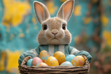 A fantasy bunny poses with a charming basket overflowing with brightly painted eggs. The enchanting background features a blend of colors, enhancing the magical atmosphere.