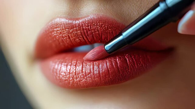 A macro shot of a woman lips with shimmering red lipstick being applied with a brush