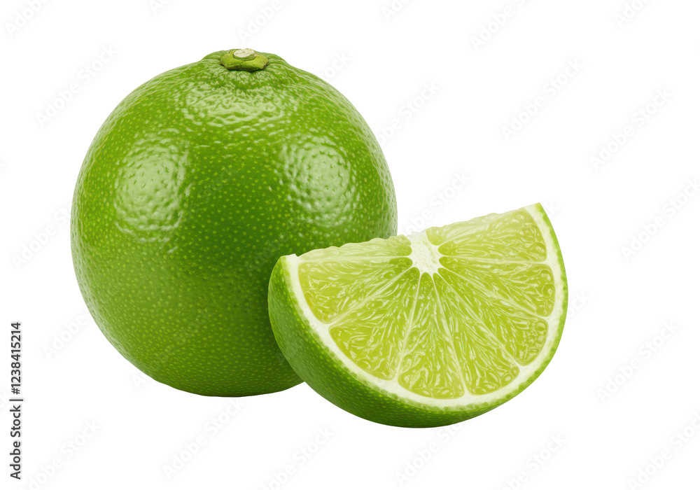 Poster a lime and a slice of lime isolated on white background, front angled view, no depth of field, sharp