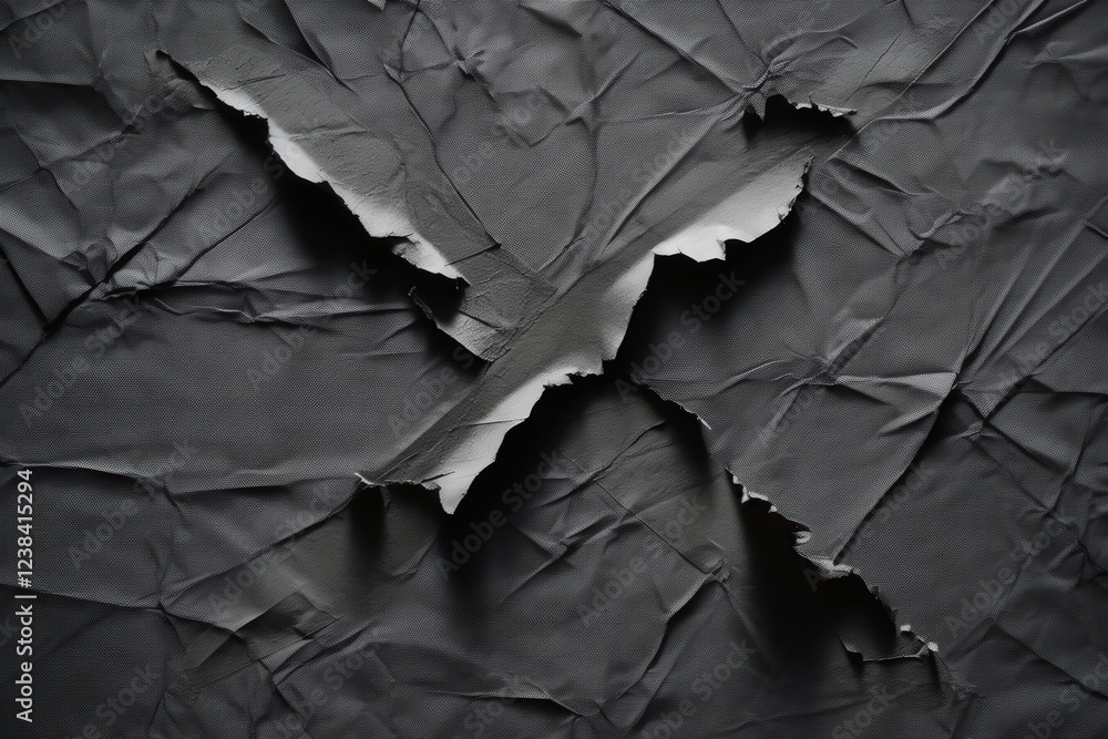 Poster textured black paper with torn shaped areas, abstract design creating intriguing visuals for artisti