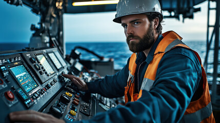 Fototapeta premium Oil rig technician operating control panel on offshore platform, focused and skilled