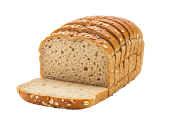 Fresh sliced Multigrain bread isolated on white background, front angled view, no depth of field, sharp