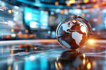 A news anchor fluently reporting international news in multiple languages, with a studio background featuring maps and headlines