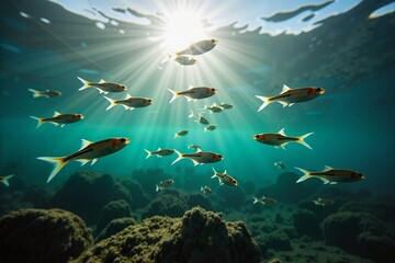 Fototapeta premium School of small fish swimming gracefully under bright sunlight in a vibrant coral reef, aquatic beauty concept.