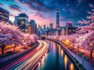 Fototapeta premium Anime City Skyline Night View Long Exposure Flower Bloom Wallpaper