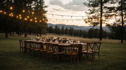 Fototapeta premium Outdoor dinner party, mountain view, string lights, sunset