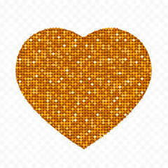 Heart shape made of golden bright sequins. Isolated on transparent background. Vector illustration