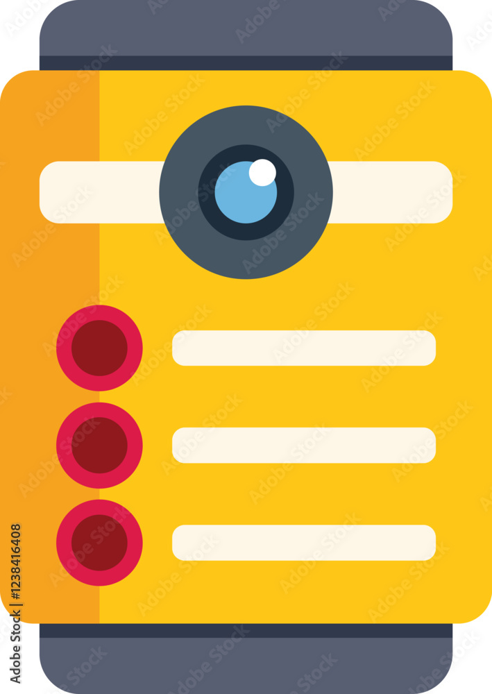 Poster illustration of a yellow intercom system displaying information and options, embodying security and 