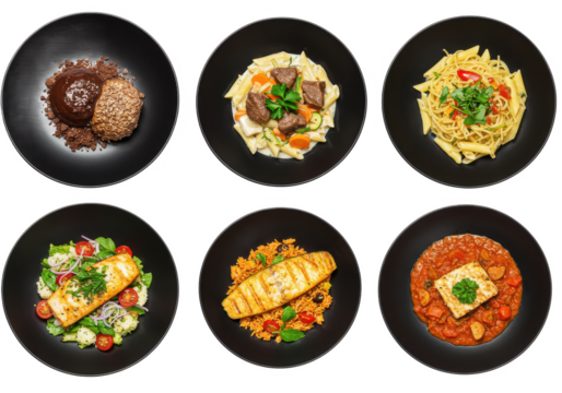 Set of 06 delicious food in black dishes isolated on white background, top view, no depth of field, sharp