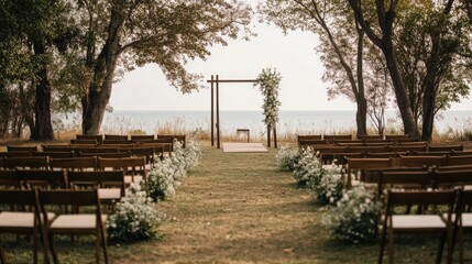 Outdoor wedding ceremony setup, lakeside, floral arch