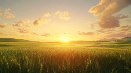Fototapeta premium agricultural consultation meeting, vast green wheat fields, casual workwear aesthetic, digital farming tools, warm sunset lighting, professional countryside setting, business agreement moment,