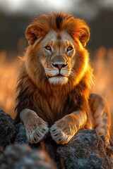 Obraz premium Majestic African Lion Resting on Rocks at Sunset