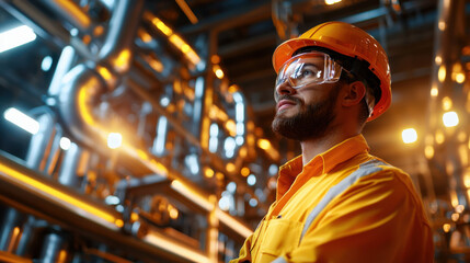 worker bright safety gear stands confidently industrial setting, surrounded by pipes and machinery, showcasing dedication and