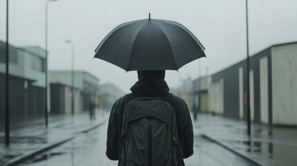 Person walking in rain, city street, grey buildings