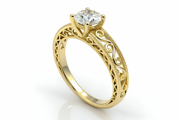 A beautiful gold engagement ring featuring intricate filigree design and a sparkling centerpiece gemstone, ideal for expressing love and commitment.