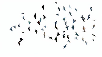 Elegant Flock of Birds in Flight Against a Soft White Background Capturing the Essence of Freedom and Nature's Beauty in Motion