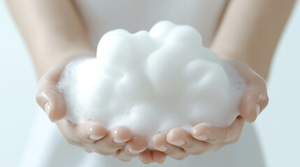 女性の両手いっぱいに大きく泡立てた洗顔フォームを乗せている。美容商品の撮影。