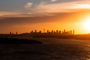 Golden hour view of Sydney CBD skyline.