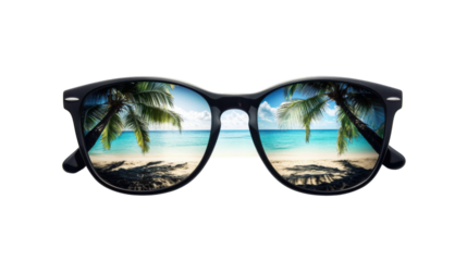 Sunglasses reflecting tropical beach with palm trees and transparent background