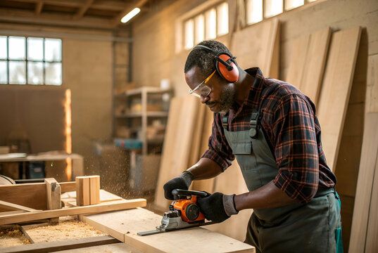 A skilled carpenter uses a power tool to shape wood in a well-lit workshop, surrounded by wooden materials and tools.