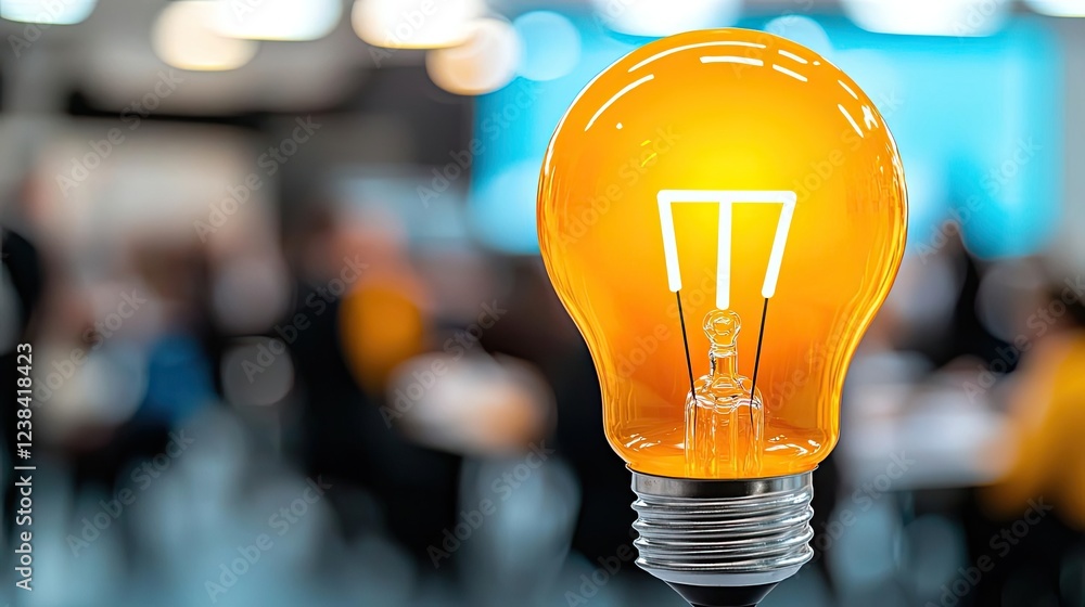 Poster networking event concept. a close-up of a glowing yellow light bulb symbolizing innovation and creat