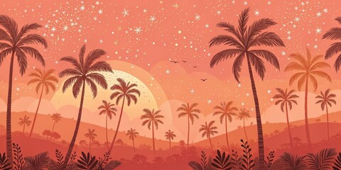 Serene Sunset Landscape Featuring Silhouetted Palm Trees and a Starry Sky
