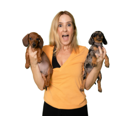 A beautiful blonde young woman hugs her Teckel puppies. Love between dog and owner. Isolated on a transparent background. PNG transparent.