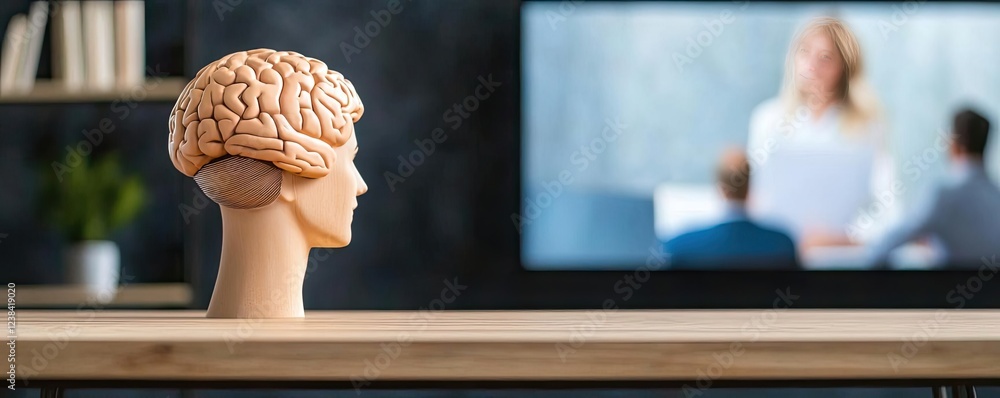 Poster networking event concept. a brain model symbolizes learning and creativity in a modern office enviro