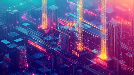 Digital construction site. Building project, 3D Printing, Modular Construction, Modeling, Industrial background, Architecture planning. Database development abstract concept. Vector illustration. 