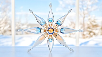 Elegant Glass Snowflake Ornament Blue and Clear Crystal Winter Holiday Decoration