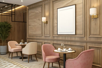 Fototapeta premium A modern cafe interior featuring wooden walls, elegant lighting, and stylish seating arrangements in soft pink and cream tones.