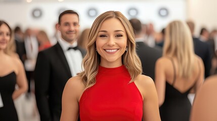 Networking event idea. A cheerful woman in a red dress smiles at a formal event surrounded by attendees.
