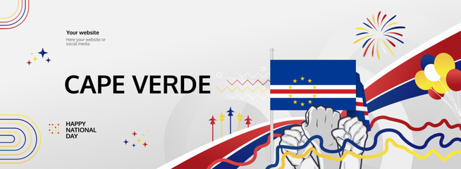 Happy independence day Cape Verde. Horizontal poster of Cape Verde national day with flag. July 5. Festive design concept for holiday celebration banner, greeting card, feast and congratulations