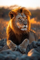 Obraz premium Majestic African Lion at Golden Hour Sunset