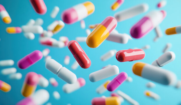 A flurry of colorful pills in various shapes and sizes appears to fly against a bright blue backdrop. This striking scene captures the energy and vibrancy of the capsules