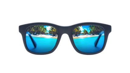 Sunglasses reflecting tropical beach paradise on transparent background
