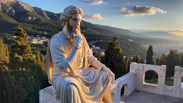 In the Aegean region, a marble statue of an ancient Greek philosopher sits majestically at an ancient temple, overlooking a peaceful green town with the Aegean Sea in the distance, while soft clouds f